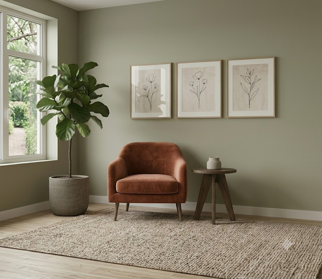 Calm, warm therapy room with an armchair